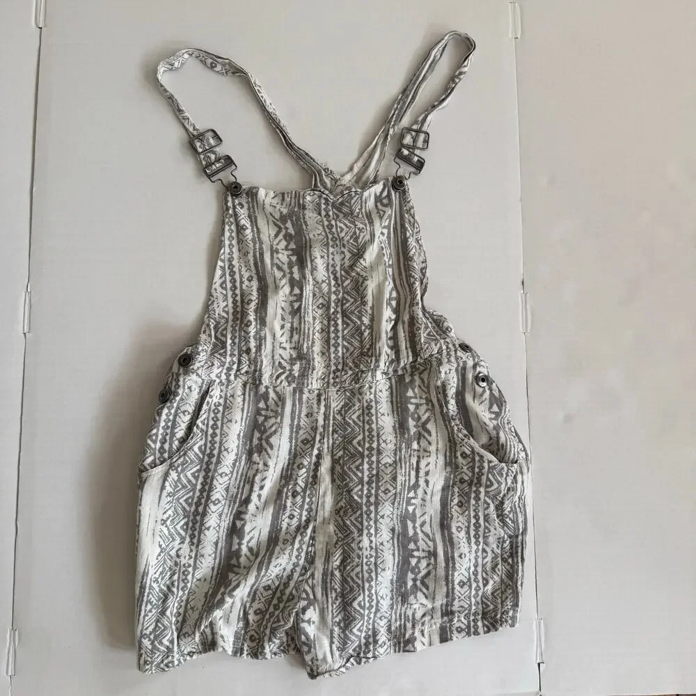 Linen Large Gray White Boho tribal overall jumper romper shorts playsuit Cali - Picture 4 of 12